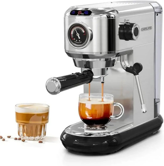 Machine à espresso Cafelffe MK-601, 20 bars, inox avec mousseur à lait et manomètre, compatible café moulu et dosettes ESE, réservoir 1,1 L, argent
