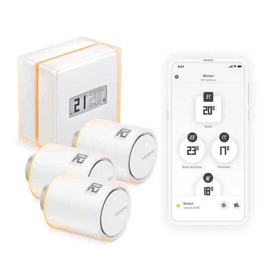 Kit Chauffage Connecté Netatmo: Thermostat Intelligent + 3 Vannes WiFi, Commande à Distance, Compatible Chauffage Individuel