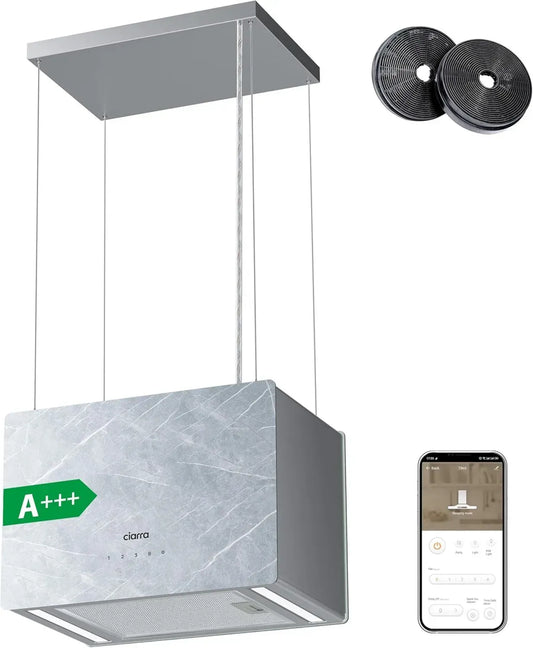 Hotte Îlot Ciarra 700 m³/h - A+++ - 3 Vitesses avec Boost - Contrôle Tactile et Wi-Fi - Verre Marbré - 48 cm