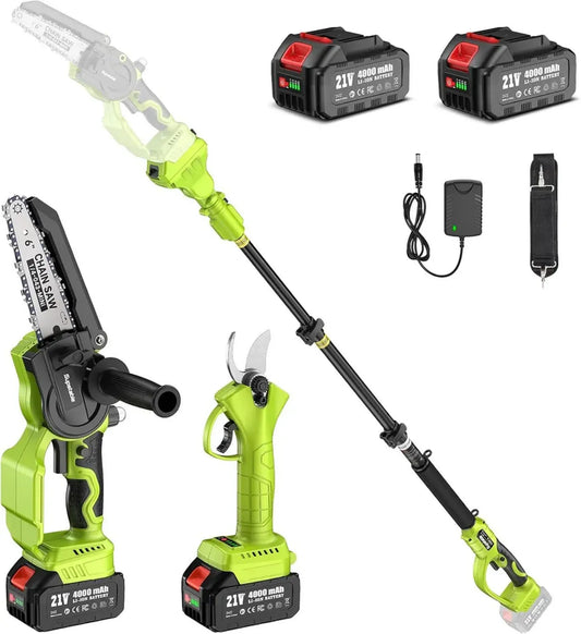 Scie à Chaîne Mini 6 Pouces et Sécateur Télescopique Électrique, Outil d'Élagage 4 en 1 avec Batterie 4000 mAh, Portée 4,6 m