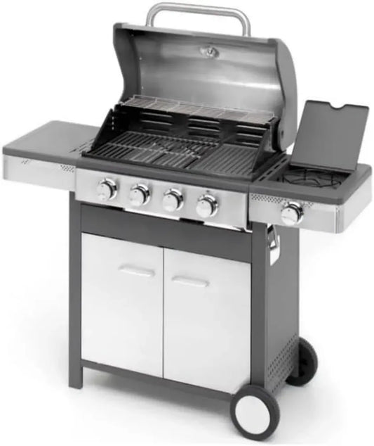 Barbecue à gaz en acier inoxydable avec cuisinière latérale et thermomètre, grilles en fonte émaillée, 4 brûleurs, armoire intégrée