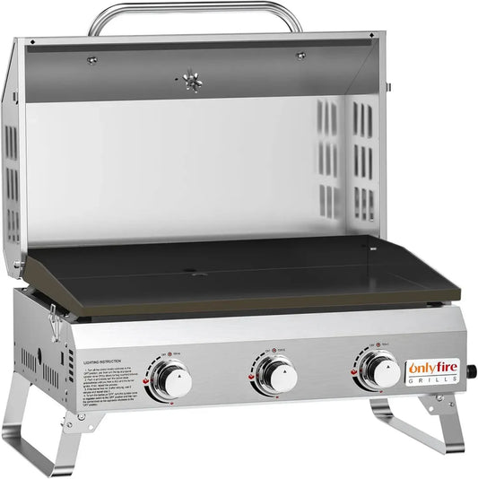 Plancha à Gaz Inox 3 Brûleurs 7kW avec Couvercle - Surface de Cuisson 57 x 36 cm - Parfait pour Terrasse, Balcon et Camping