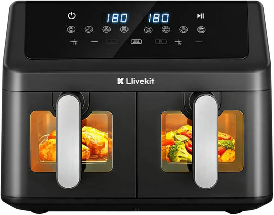 Friteuse à Air XXL LLIVEKIT 9L, Circulation d'Air 4D, Sans Huile, Dual Zone 2x4,5L, 8 Programmes, Économie d'Énergie, Noir